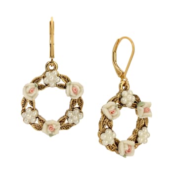 14K Gold Dipped Round Faux Pearl & White Porcelain Flower Earrings