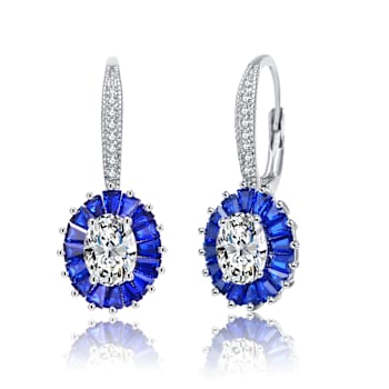 Sapphire Color CZ Halo Drop Earrings In Sterling Silver