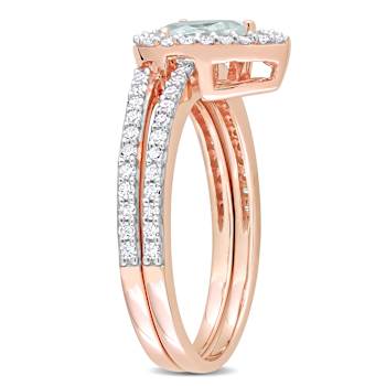 Aquamarine and Diamond 10K Rose Gold Halo Ring Set 0.73ctw