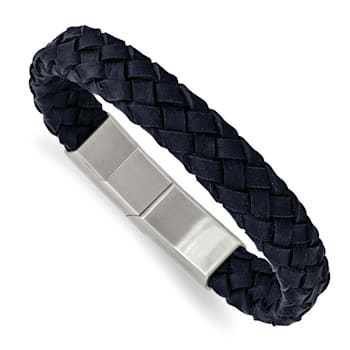 Navy Braided Leather and Stainless Steel Brushed 8.25-inch with 0.5-inch
Extension Bracelet