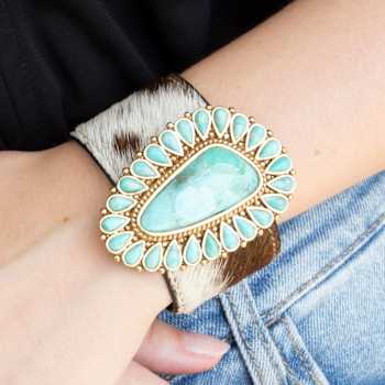 Barse Jewelry Composite Turquoise and Cowhide Gold Tone Cowgirl Up Cuff Bracelet