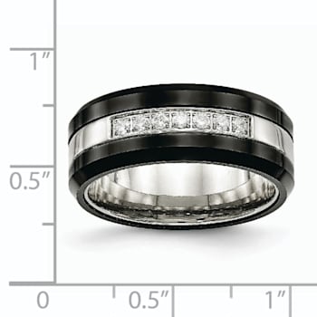 Stainless Steel Polished Black Ceramic CZ Beveled Edge Ring