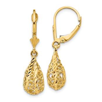 14k Yellow Gold Polished Diamond-Cut Filigree Dangle Earrings