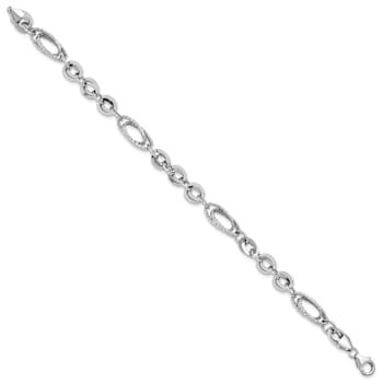Rhodium Over 14k White Gold 8mm Polished and Textured Oval Fancy Link Bracelet