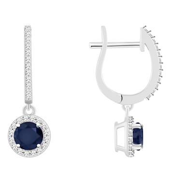 5mm Round Sapphire 1/4 ctw Diamond Rhodium Over Sterling Silver Halo
Dangle Earrings