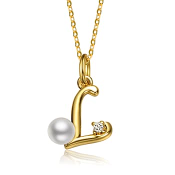 Initial L Pear Shape CZ And Pearl Pendant Necklace In 14K Gold Over Brass