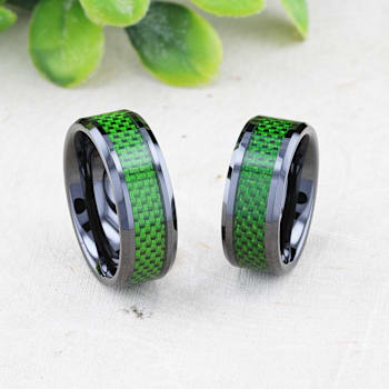 MATLAL Beveled Black Ceramic Ring with Emerald Green Carbon Fiber Inlay 8mm