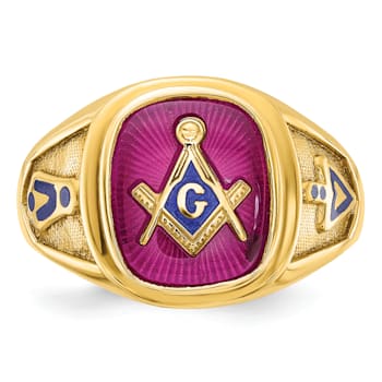 10K Yellow Gold Men's Enamel and Lab Created Ruby Blue Lodge Masonic Ring