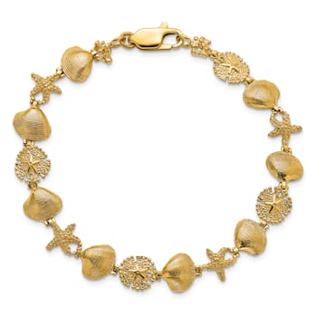 14k Yellow Gold Textured Sand Dolloar, Clam, Starfish Link Bracelet