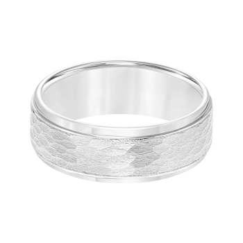 8mm Step-Edge Comfort Fit Band in White Tungsten Carbide with Hammered Finish