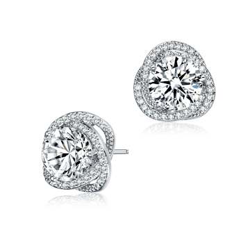 CZ Swirl Halo Stud Earrings In Sterling Silver