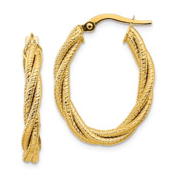 14k Yellow Gold Polished and Textured 1" Twisted Oval Hoop Earrings
