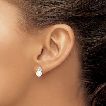 Rhodium Over Sterling Silver 6-7mm White Freshwater Cultured Pearl Cubic
Zirconia Post Earrings