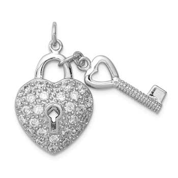 Rhodium Over Sterling Silver Cubic Zirconia Heart Lock and Key Pendant
