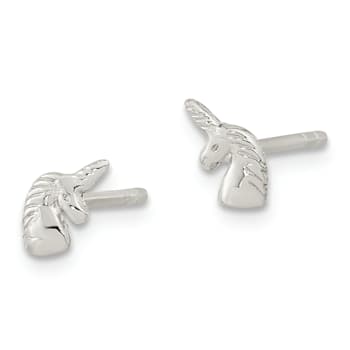 Rhodium Over Sterling Silver Polished Unicorn Head Post Earrings