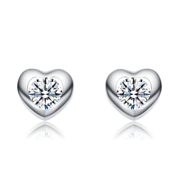 Heart CZ Stud Earrings In White Rhodium Over Brass