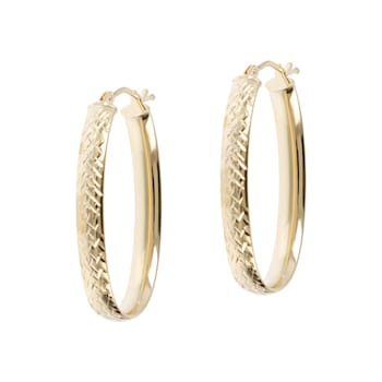 14K Yellow Gold Diamond  Cut 1" Oval Hoop Earrings