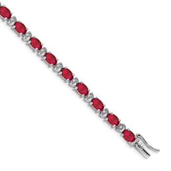 Rhodium Over 14k White Gold Oval Lab Created Ruby and Diamond Bracelet