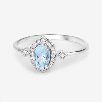 Blue Aquamarine and White Diamond 14K White Gold Halo Ring