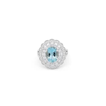 10x8mm Oval Aquamarine and White CZ Rhodium Over Sterling Silver Ring, 2.46ctw
