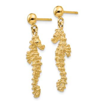 14k Yellow Gold Textured Large Seahorse Dangle Earrings