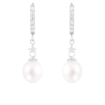 7-8mm White Cultured Freshwater Pearl and Cubic Zirconia Rhodium Over
Sterling Silver Earrings