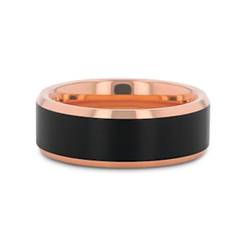 HAYDEN Rose Gold Plated Tungsten Polished Beveled Ring with Brushed
Black Center 8mm