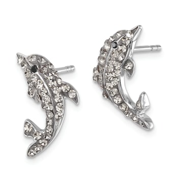 Rhodium Over Sterling Silver Pale Blue Crystal Dolphin Post Earrings
