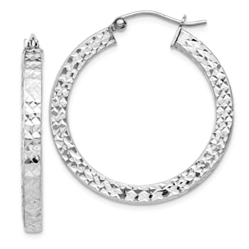 Rhodium Over Sterling Silver Diamond-cut 3x30mm Square Tube Hoop Earrings