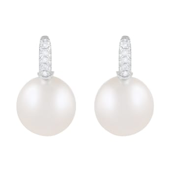12-13mm White South Sea pearl earrings in 14k white gold with .17CT DTW