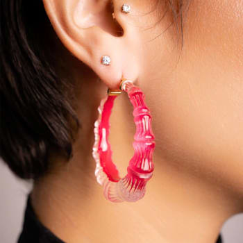 14K Yellow Gold Over Sterling Silver Acrylic and Hand Painted Enamel
Bamboo Illusion Hoops in Pink