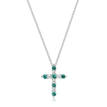 Green Lab Created Emerald Rhodium Over Sterling Silver Cross Necklace
