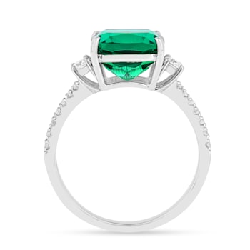 Lab Created Emerald and Moissanite Rhodium Over Sterling Silver 3-Stone Ring