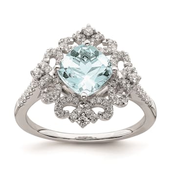 Rhodium Over 14K White Gold Aquamarine Vintage Diamond Halo Engagement Ring