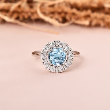 Blue Topaz with Moissanite Accents Sterling Silver Halo Ring