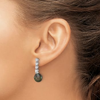 Rhodium Over Sterling Silver 9-10mm Tahitian Pearl and Cubic Zirconia
Post Dangle Earrings
