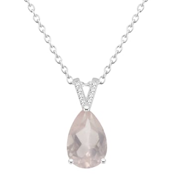 12x8mm Pear Shape Rose Quartz With Diamond Accents Rhodium Over Sterling
Silver Pendant with Chain