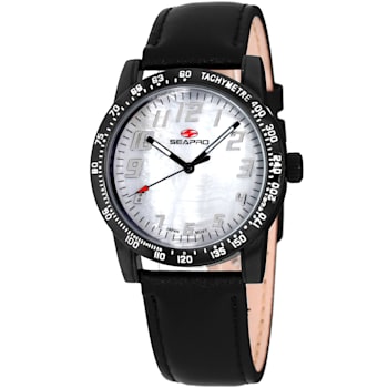 Seapro  Women's Bold White Dial, Black Leather Strap Watch