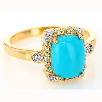 Turquoise With White Zircon And Yellow Diamond Ring In 18K Gold Over
Sterling Silver 0.13ctw