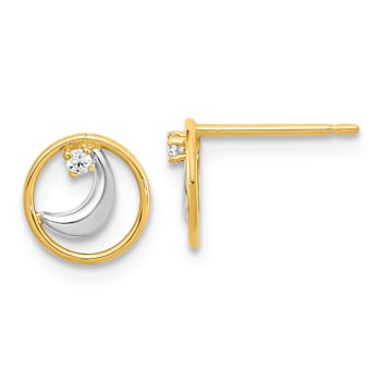 14k Two-tone  Gold 7.75mm Cubic Zirconia Half Moon in Circle Earrings