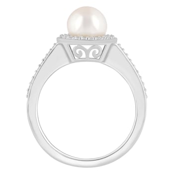 7mm Round Cultured Freshwater Pearl 1/5 ctw Diamond Rhodium Over
Sterling Silver Halo Ring