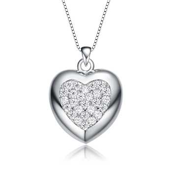 Pave CZ Heart Pendant Necklace In White Rhodium Over Brass