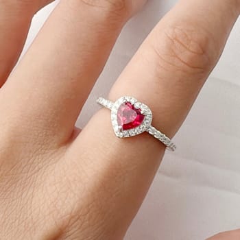 Red Lab Created Ruby Ring With Moissanite Rhodium Over Sterling Silver
Halo Heart Ring