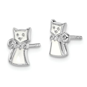Rhodium Over Sterling Silver White Enamel Cat Children's Post Earrings