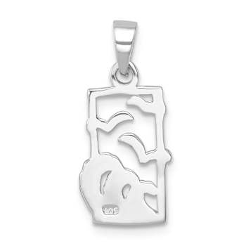 Rhodium Over Sterling Silver Polished Sea Gull and Enameled Wave Pendant