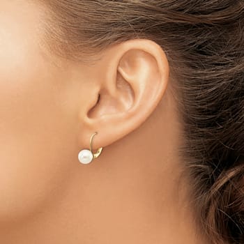 14K Yellow Gold 7-8mm White Round Freshwater Cultured Pearl Leverback Earrings