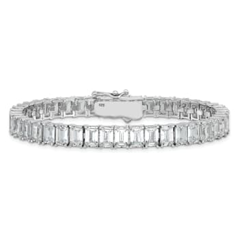 Rhodium Over Sterling Silver Polished Emerald-cut Cubic Zirconia Tennis Bracelet