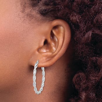 Rhodium Over Sterling Silver Twisted 3.5x40mm Hoop Earrings