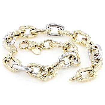 Two-Tone Rolo Link Bracelet In Solid 14K Yellow And White Gold 7mm