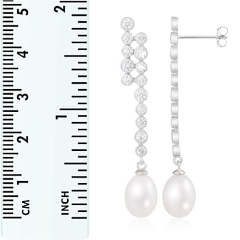 White Cultured Freshwater Pearl and Cubic Zirconia Rhodium Over Sterling
Silver 7-8mm Drop Earrings